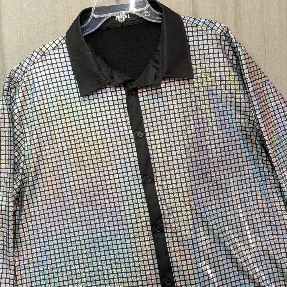 Jogal Mens XXL Holographic Silver Grid Disco Party Button Down Shirt Long Sleeve
